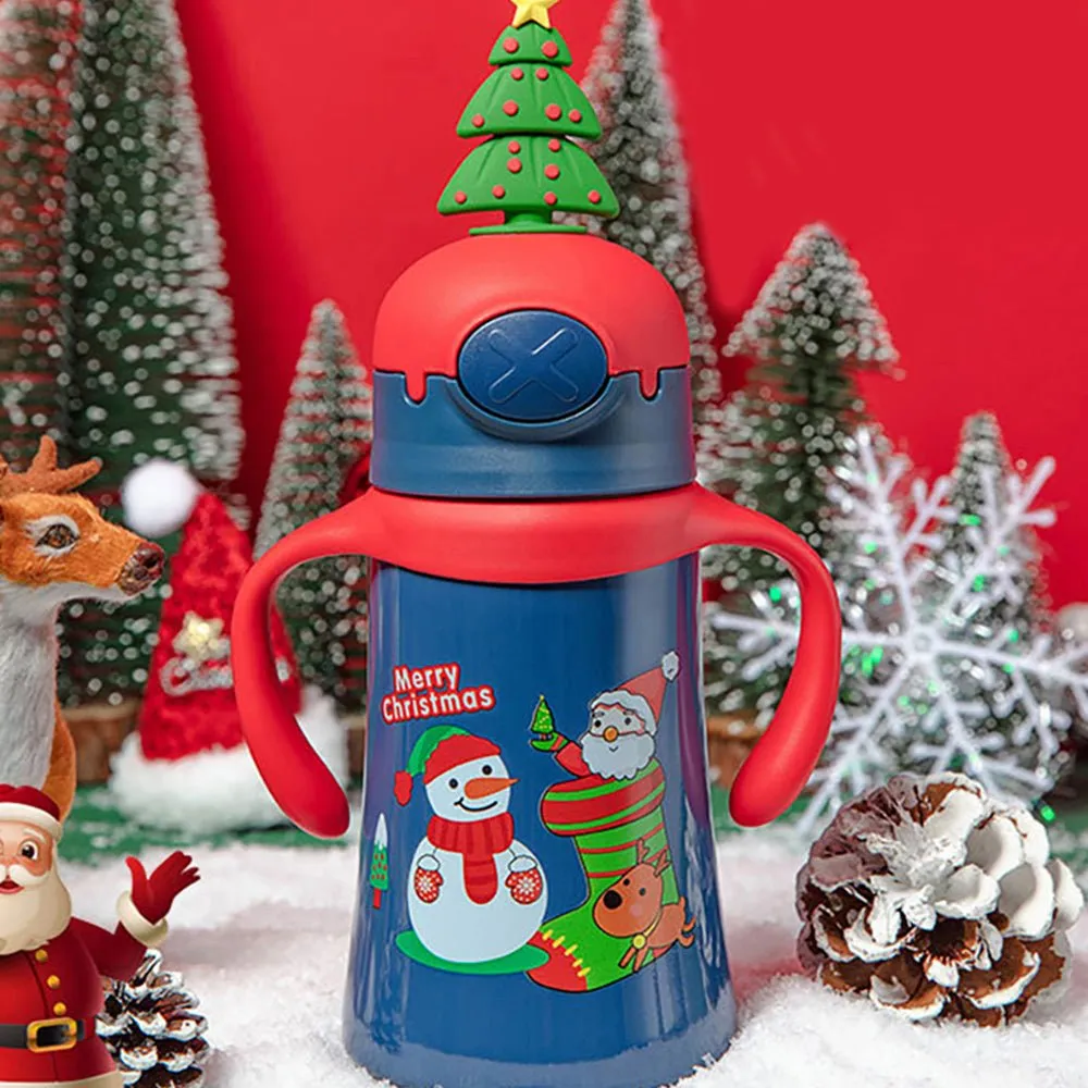 3d XMAS tree Christmas Theme Stainless Steel Water Bottle with handle for Infants and Toddlers, Blue,360ml