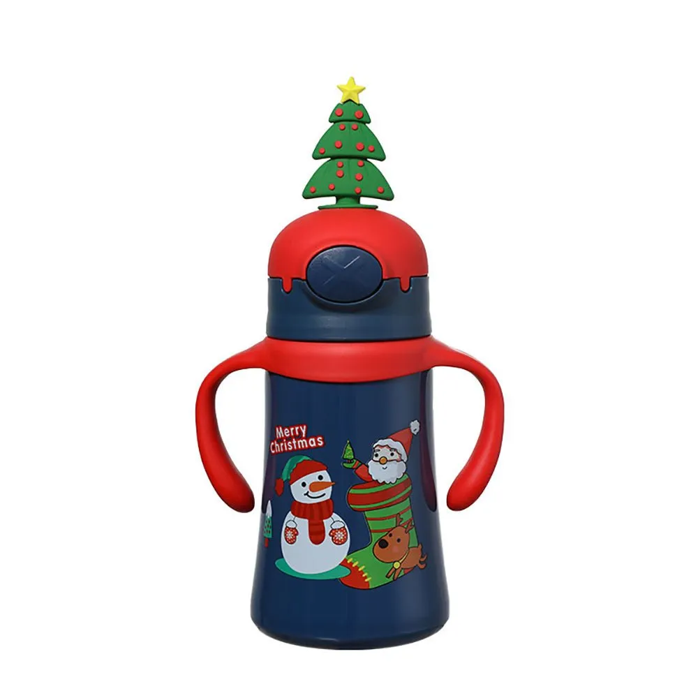 3d XMAS tree Christmas Theme Stainless Steel Water Bottle with handle for Infants and Toddlers, Blue,360ml