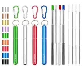 4 Pack Portable Reusable Metal Straw Collapsible Stainless Steel Drinking Straw Telescopic Straw to Drink Water Smoothie with Aluminum Key-chain Case & Cleaning Brush （Silver & blue & red & green）