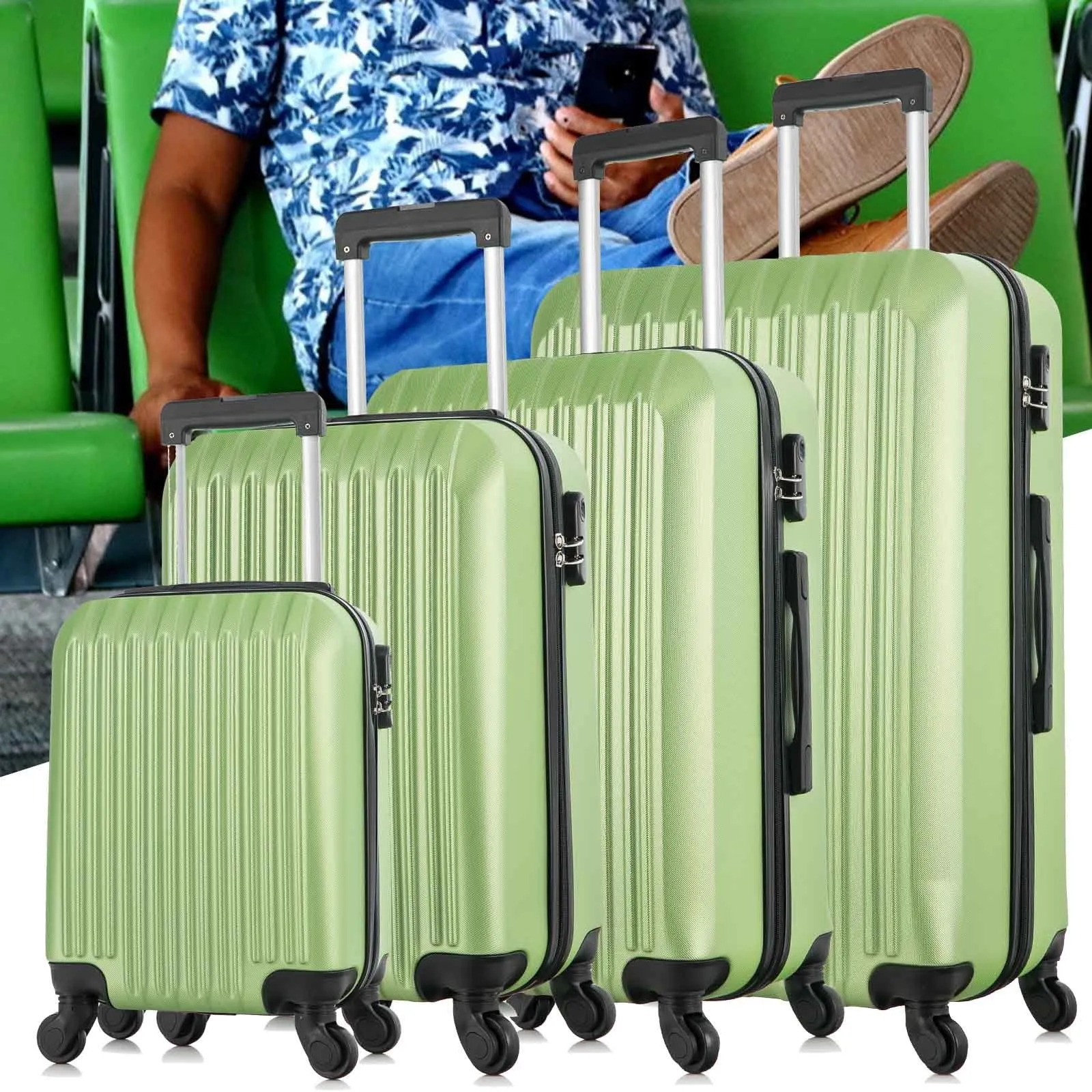 4 Piece Set Luggage Sets Suitcase ABS Hardshell Lightweight Spinner Wheels Green