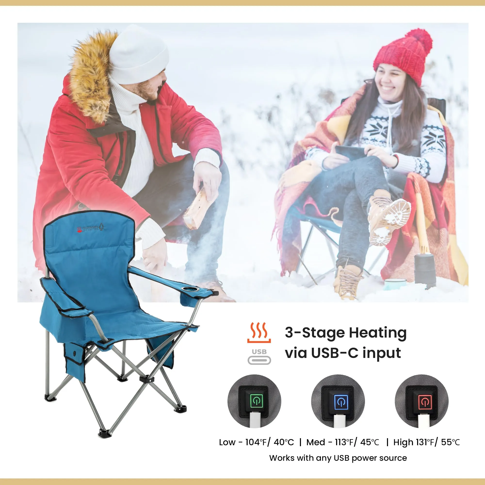 ARROWHEAD OUTDOOR Portable Heated Folding Camping Chair w/ 6-Can Cooler, 3 Heat Settings, Cup & Wine Glass Holder, Heavy-Duty Carrying Bag, Padded Armrests, Battery NOT Included, Supports up to 330lbs