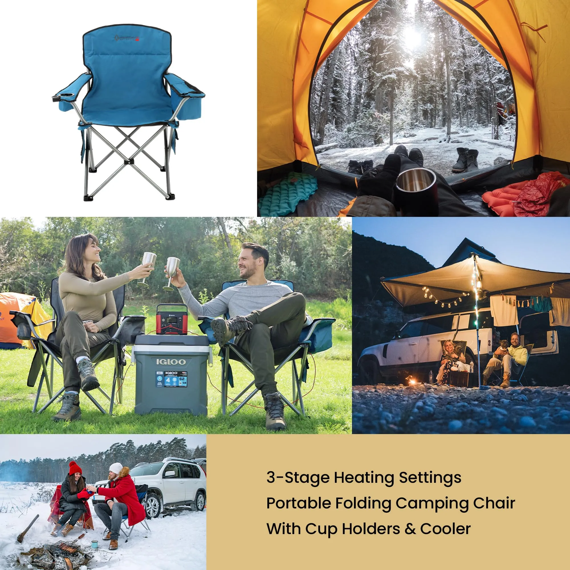 ARROWHEAD OUTDOOR Portable Heated Folding Camping Chair w/ 6-Can Cooler, 3 Heat Settings, Cup & Wine Glass Holder, Heavy-Duty Carrying Bag, Padded Armrests, Battery NOT Included, Supports up to 330lbs