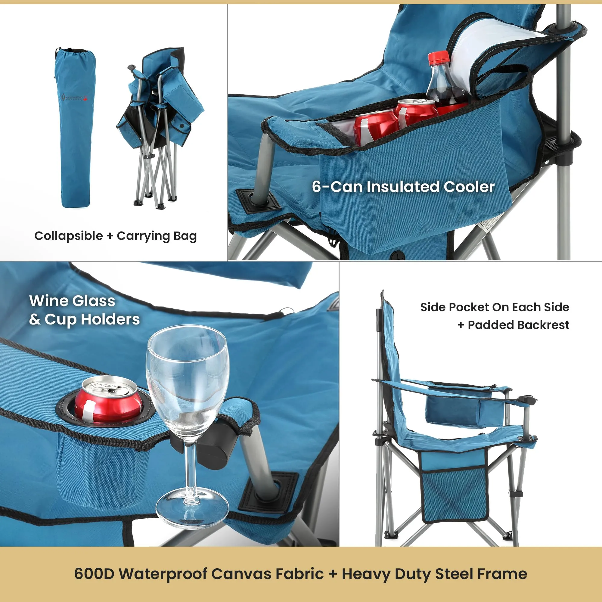 ARROWHEAD OUTDOOR Portable Heated Folding Camping Chair w/ 6-Can Cooler, 3 Heat Settings, Cup & Wine Glass Holder, Heavy-Duty Carrying Bag, Padded Armrests, Battery NOT Included, Supports up to 330lbs