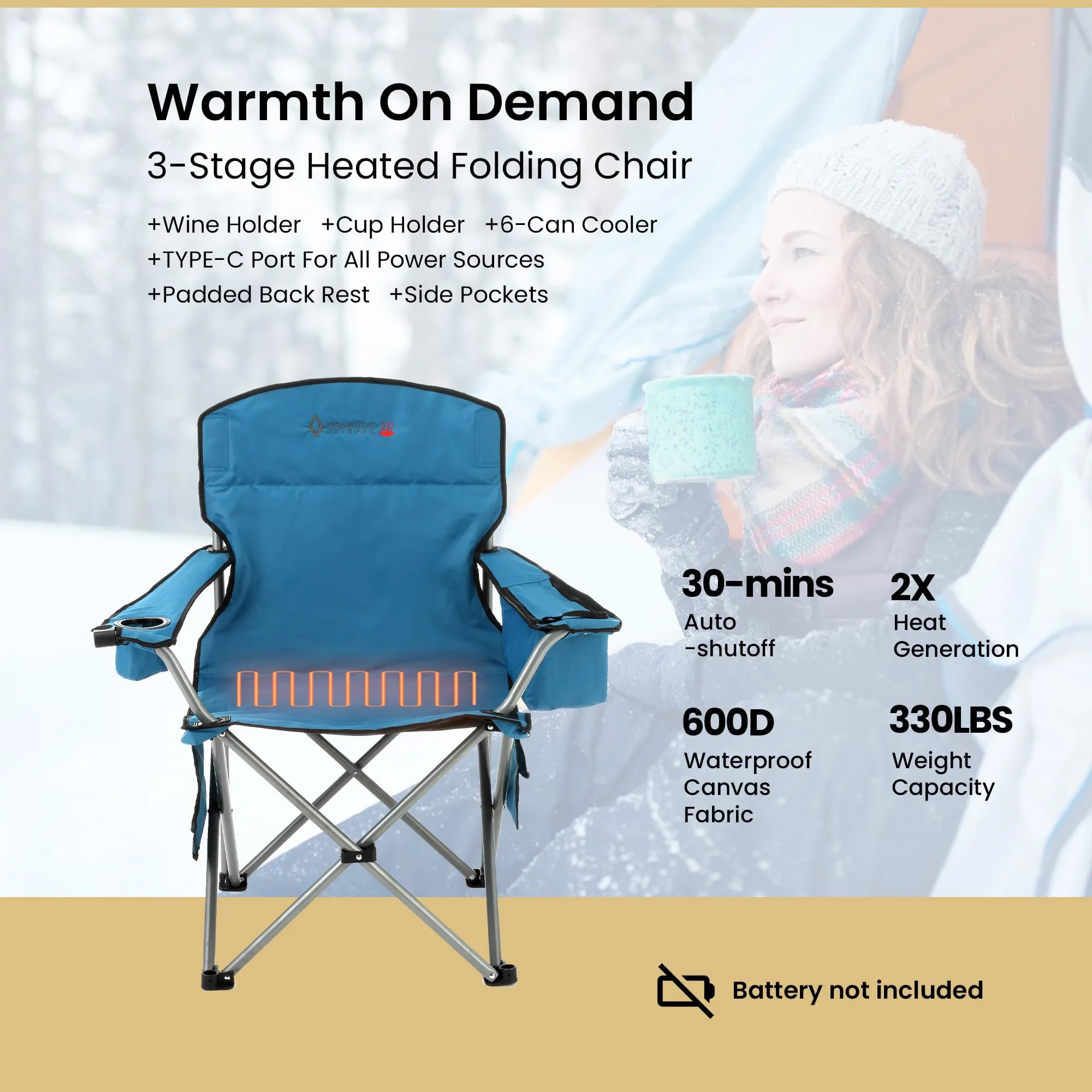 ARROWHEAD OUTDOOR Portable Heated Folding Camping Chair w/ 6-Can Cooler, 3 Heat Settings, Cup & Wine Glass Holder, Heavy-Duty Carrying Bag, Padded Armrests, Battery NOT Included, Supports up to 330lbs