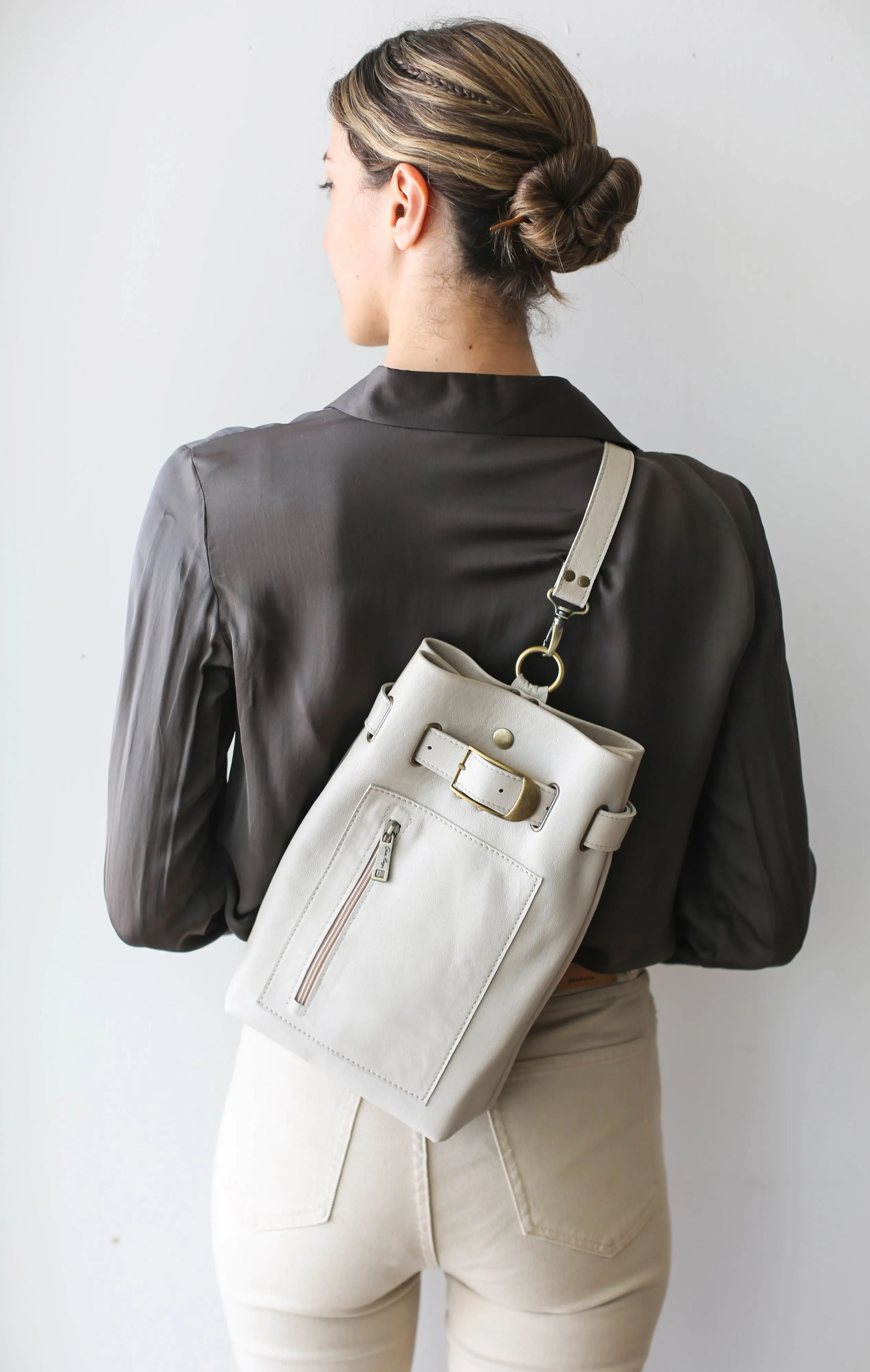 Beige Leather Sling Backpack