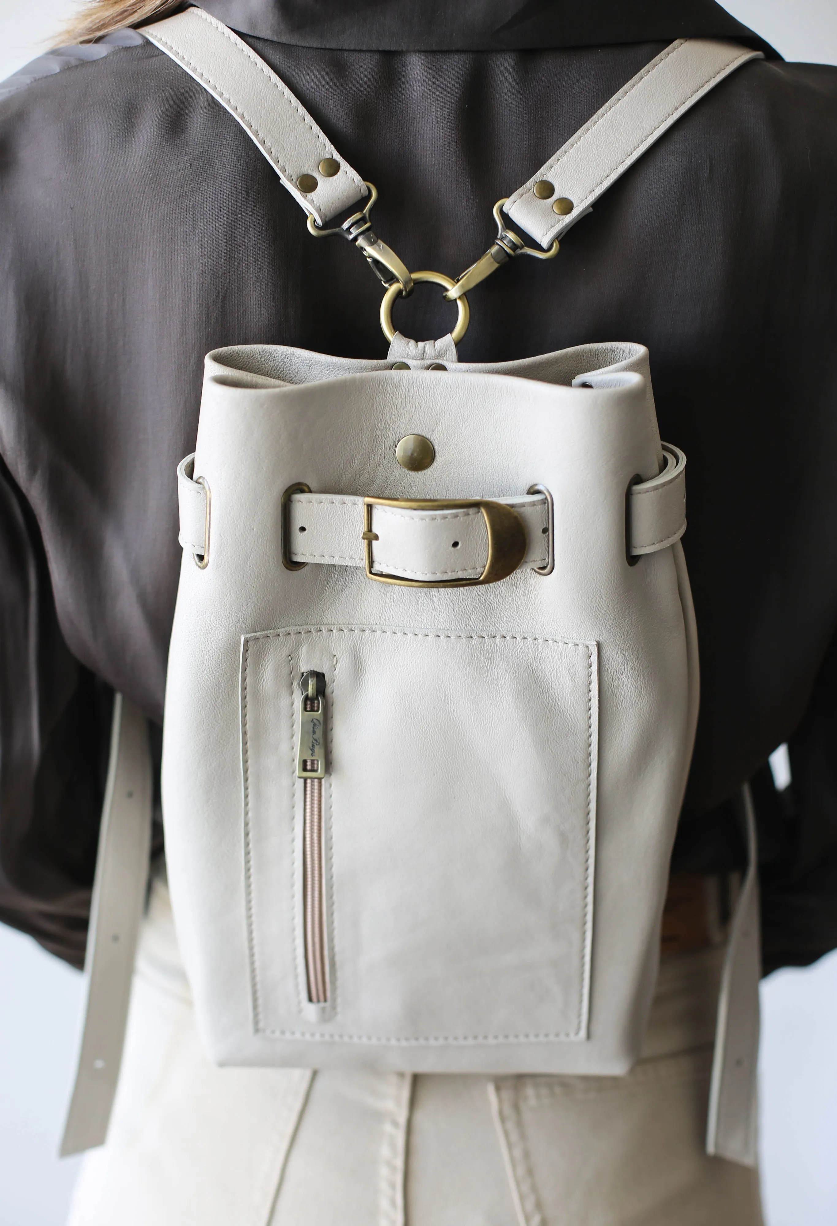 Beige Leather Sling Backpack