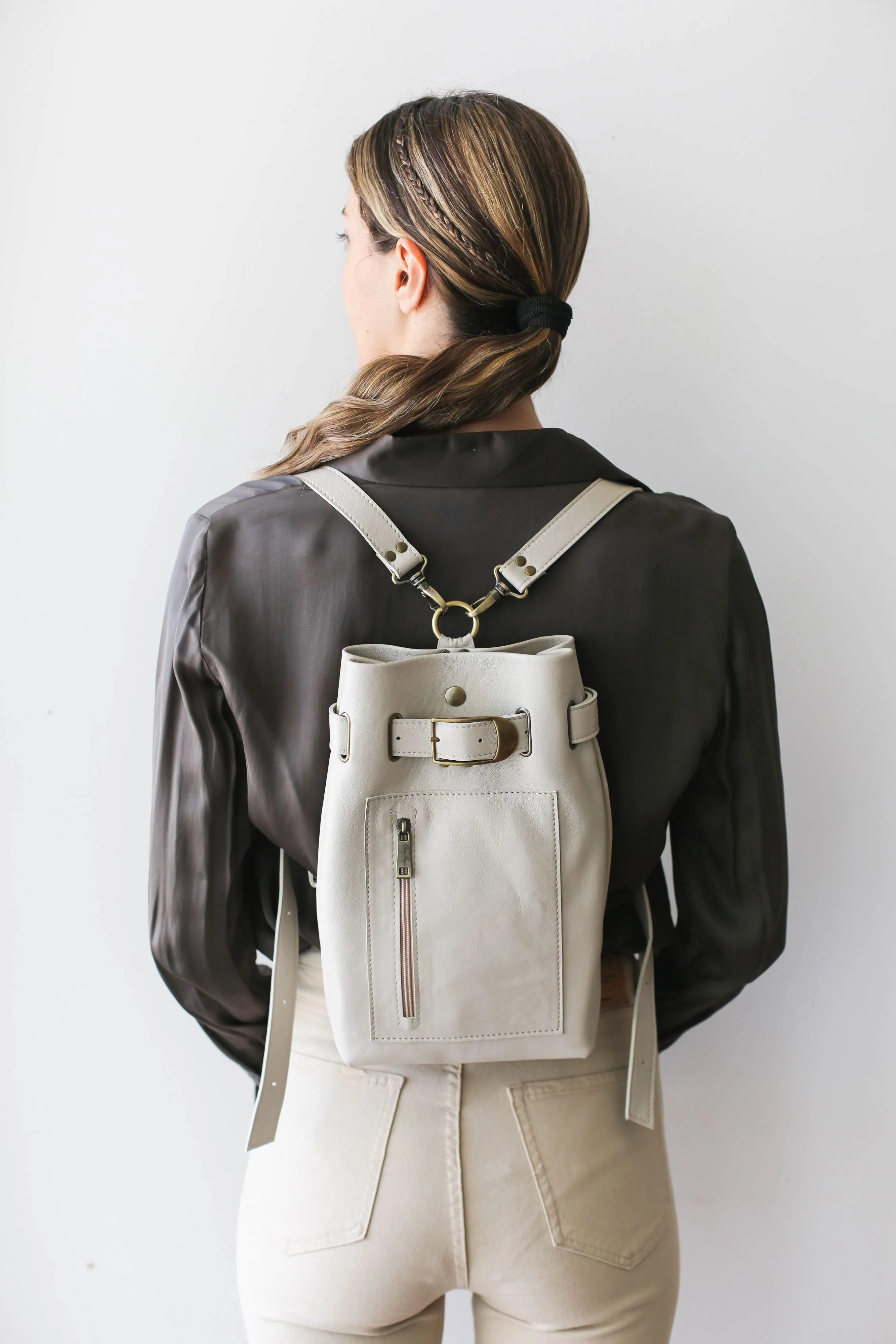 Beige Leather Sling Backpack