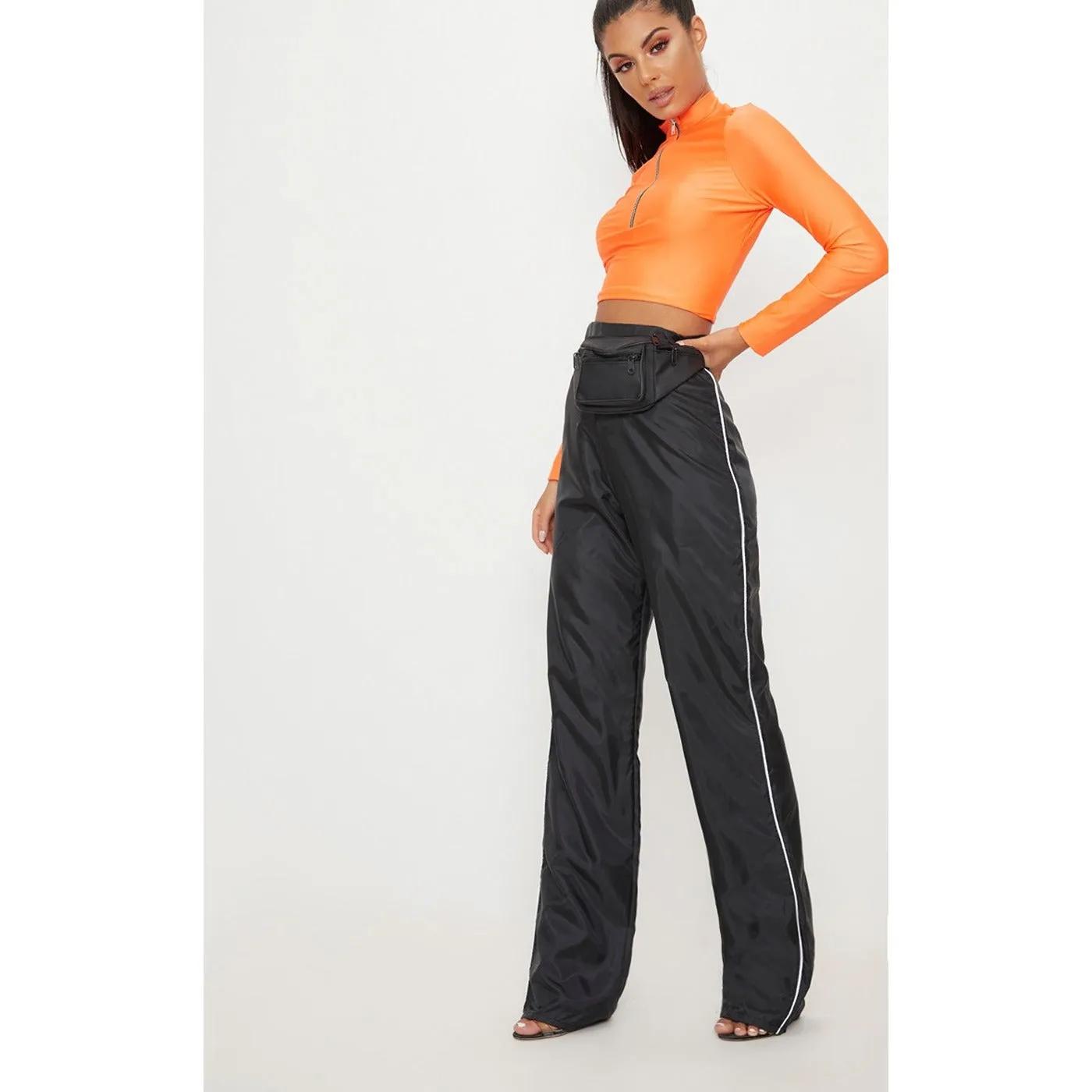 Black Contrast Binding Wide Leg Trousers