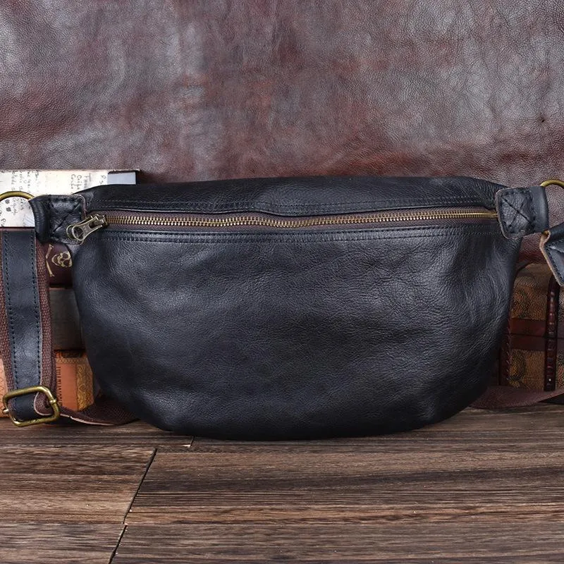 Black Leather Mens Large Sling Bag Leather Sling Pack Postman Bag Fanny Pack Shoulder Bag For Men