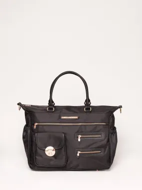 Black Nylon Pocket And Zip Baby Bag With Rose Gold Hardware