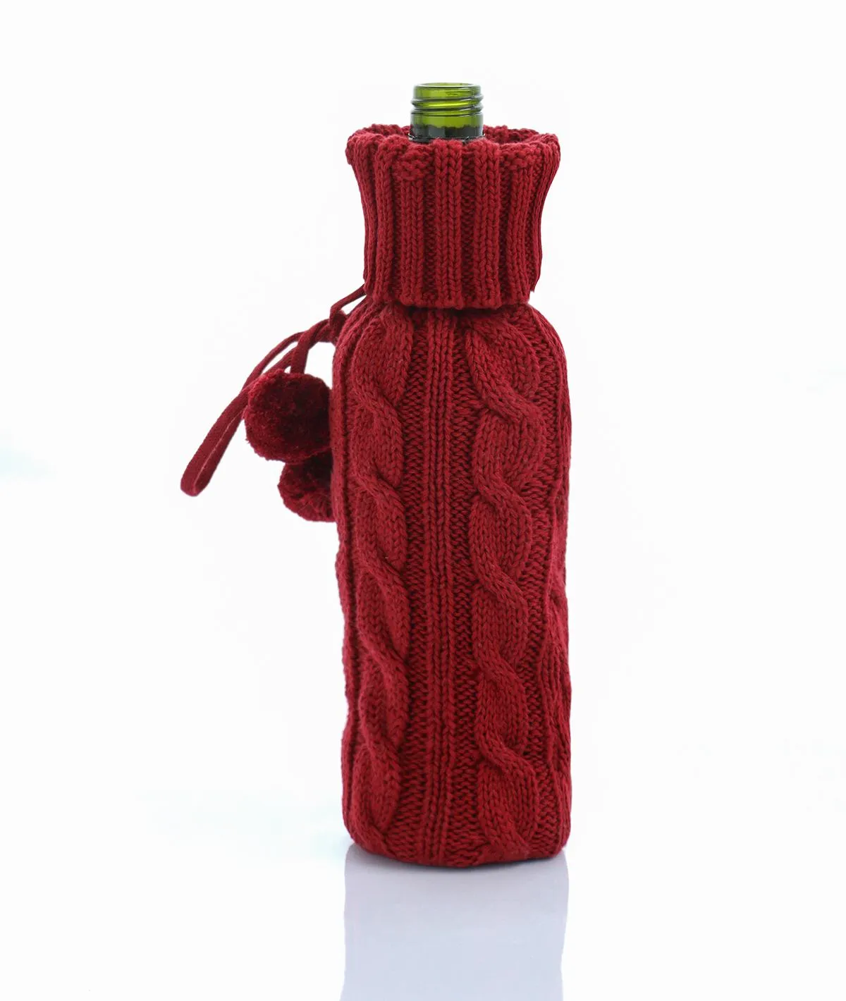 Cable Criss Cotton Knitted Wine Bottle Cover (Dark Red)