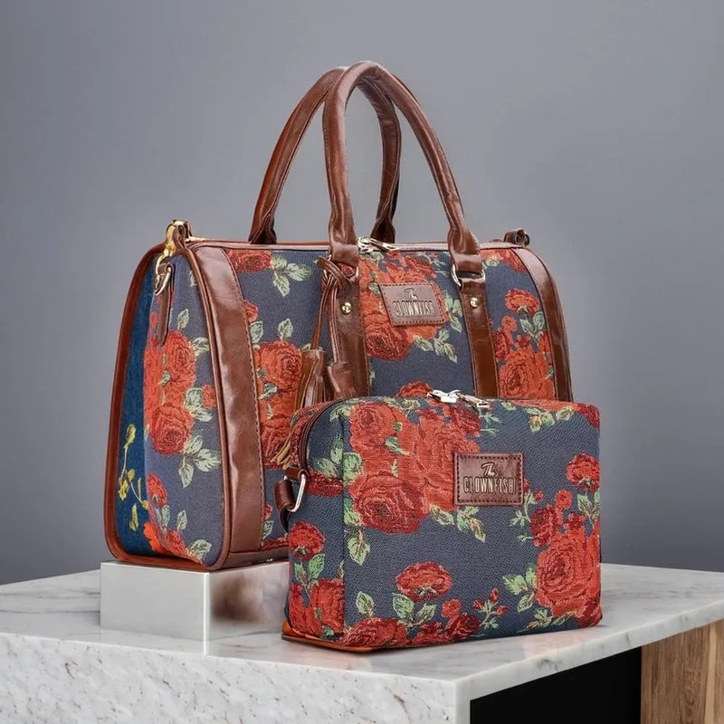 Combo: Adelina Sling Bag & Lorna Handbag | Floral Design | 20.7L | Navy Blue