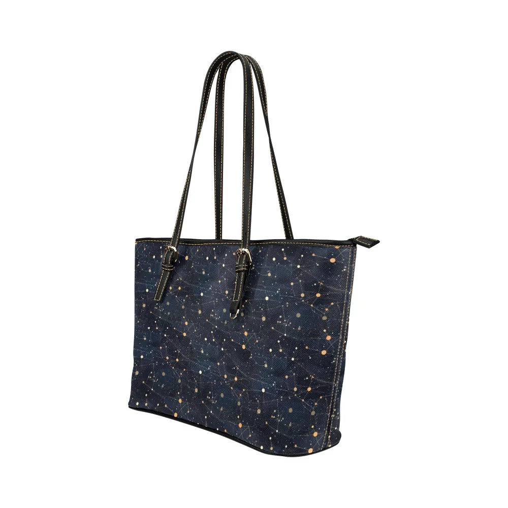 Constellation Tote Bag Purse, Galaxy Space Celestial Print Handbag Vegan Leather Zip on Top Designer Shoulder Small Large Ladies Women