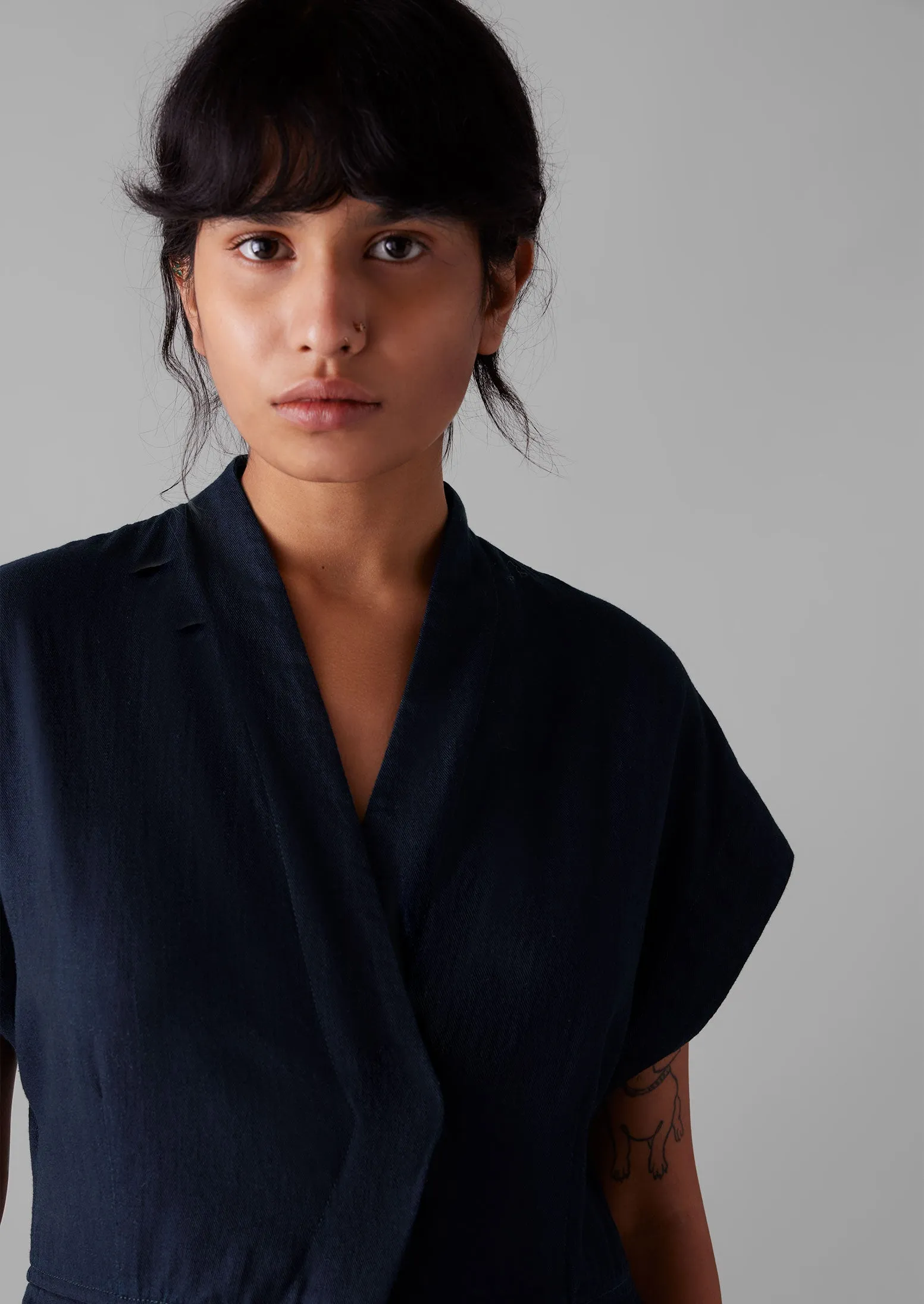 Cross Front Indigo Twill Jumpsuit | Indigo