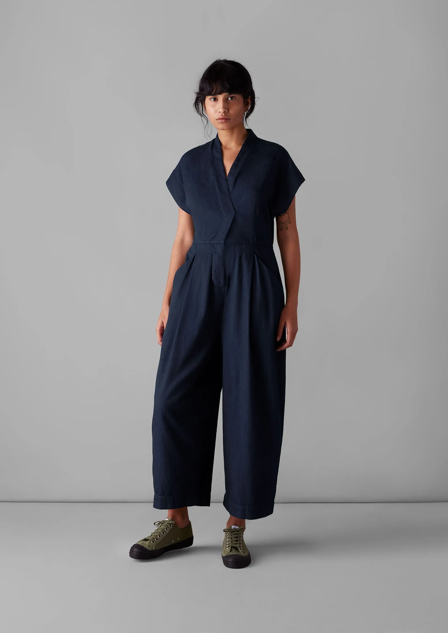 Cross Front Indigo Twill Jumpsuit | Indigo