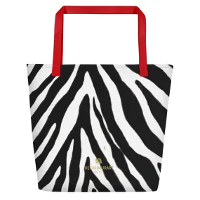 Designer Zebra Tote Bag, Black White Zebra Animal Pattern Print Large Tote 16"x20" Beach Bag- Made in USA/EU