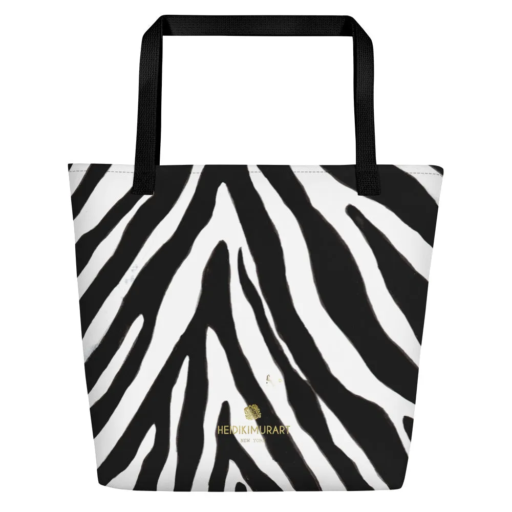 Designer Zebra Tote Bag, Black White Zebra Animal Pattern Print Large Tote 16"x20" Beach Bag- Made in USA/EU