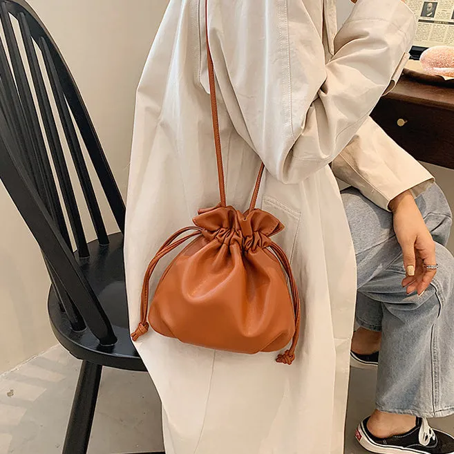 Drawstring Casual Mini Soft Leather Shoulder Bag