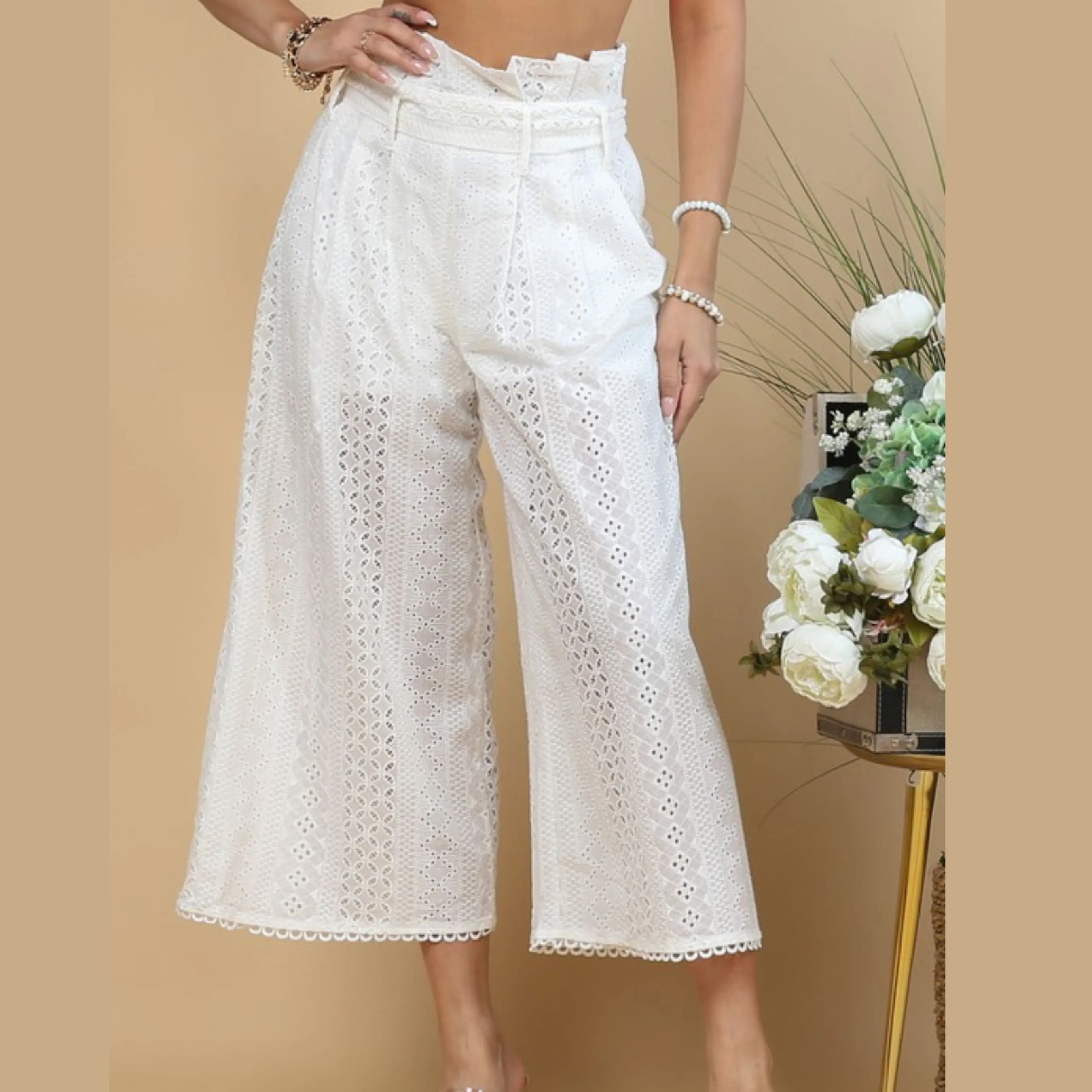 EYELET PAPER BAG HI WAIST PANTS