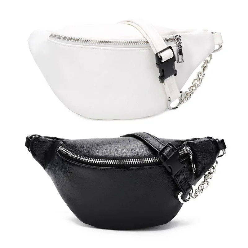 Fashion Leather Waist Fanny Pack Chest Bag Phone Purse with Metal Chain for Women