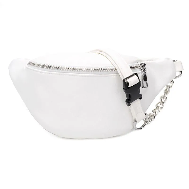 Fashion Leather Waist Fanny Pack Chest Bag Phone Purse with Metal Chain for Women