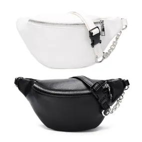 Fashion Leather Waist Fanny Pack Chest Bag Phone Purse with Metal Chain for Women