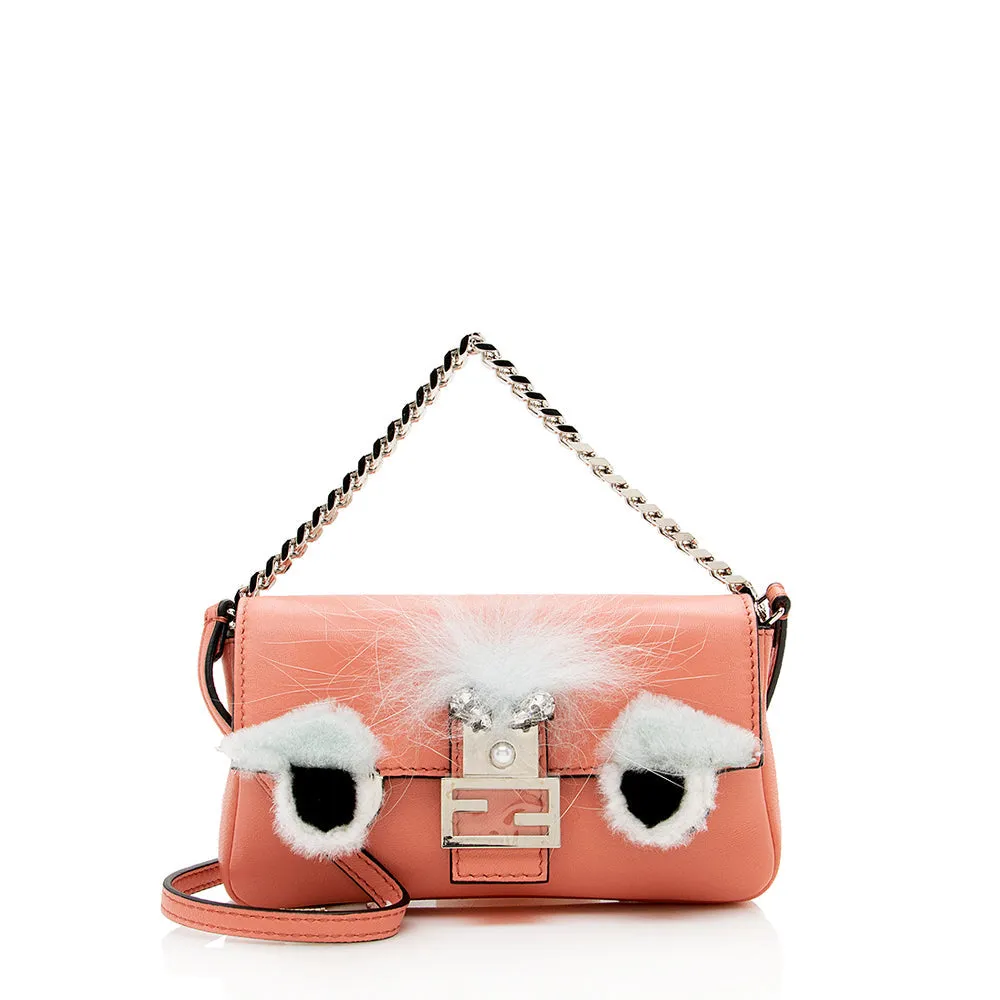 Fendi Nappa Leather Fox Fur Crystal Micro Buggie Baguette Bag (SHF-13762)