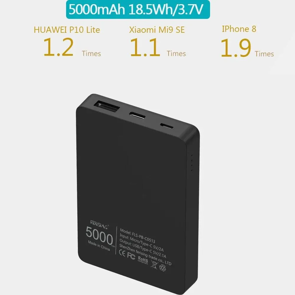 FERISING 5000mAh Ultra-Slim Portable Power Bank with Type-C Fast Charging for All Smartphones