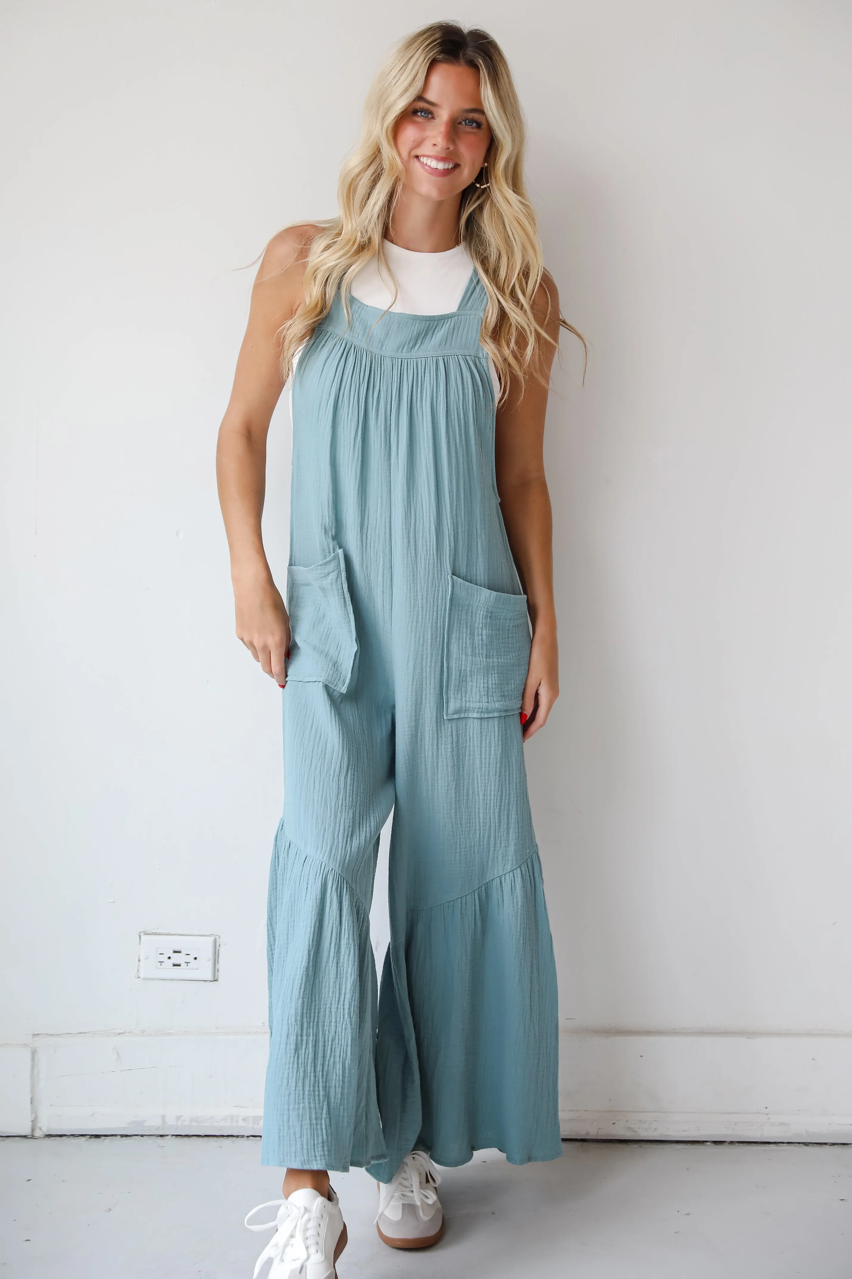 FINAL SALE - Picture Perfect Light Blue Linen Wide Leg Jumpsuit