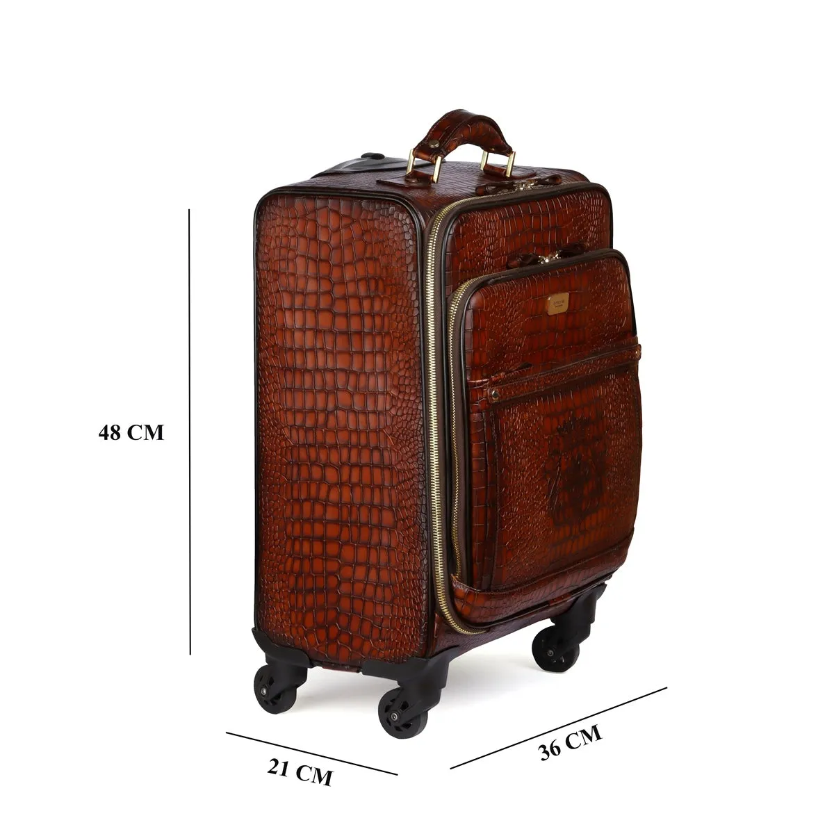 Full Deep Cut Croco Smoky Cognac Leather Quad Wheel Cabin Strolley Travel Bag