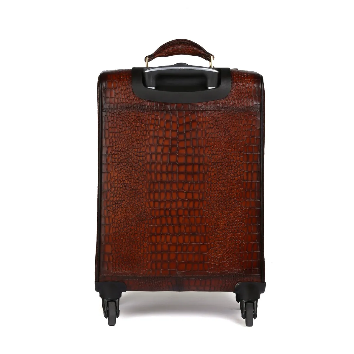 Full Deep Cut Croco Smoky Cognac Leather Quad Wheel Cabin Strolley Travel Bag