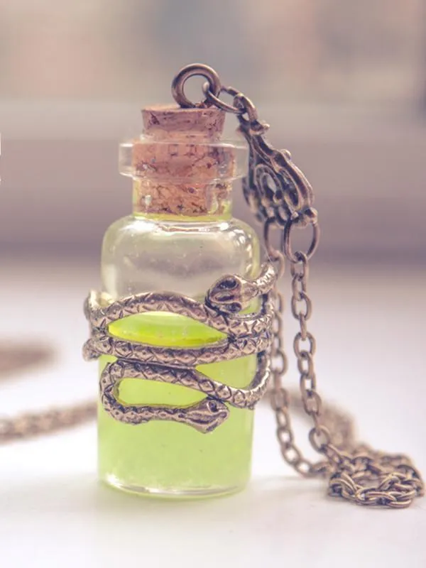 Glow in the dark, snake venom poison bottle pendant necklace