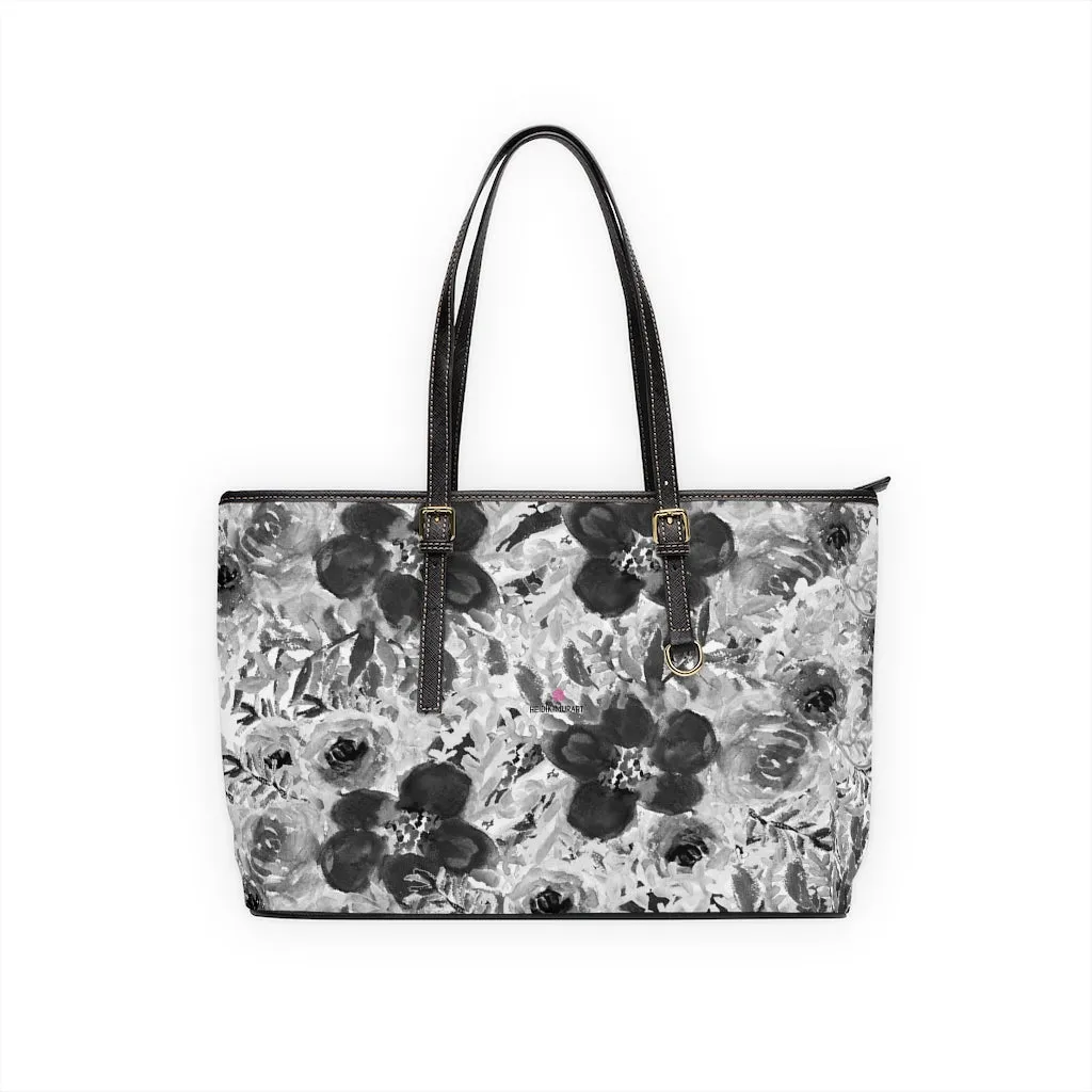 Grey Floral Rose Tote Bag, Flower Print Best Designer Women's PU Leather Shoulder Hand Work Bag