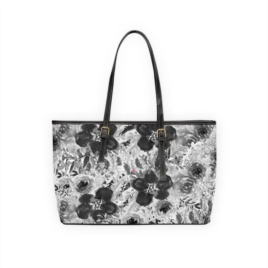 Grey Floral Rose Tote Bag, Flower Print Best Designer Women's PU Leather Shoulder Hand Work Bag