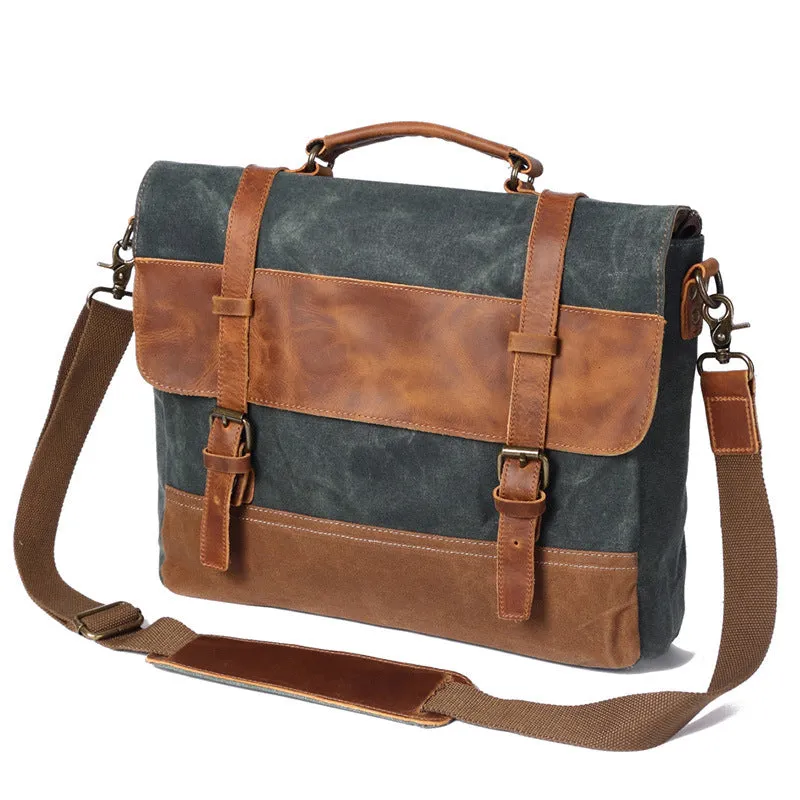 Handmade Waxed Canvas Handbag Waterproof Briefcase Messenger Bag Men Leather Shoulder Bag School Laptop Bag