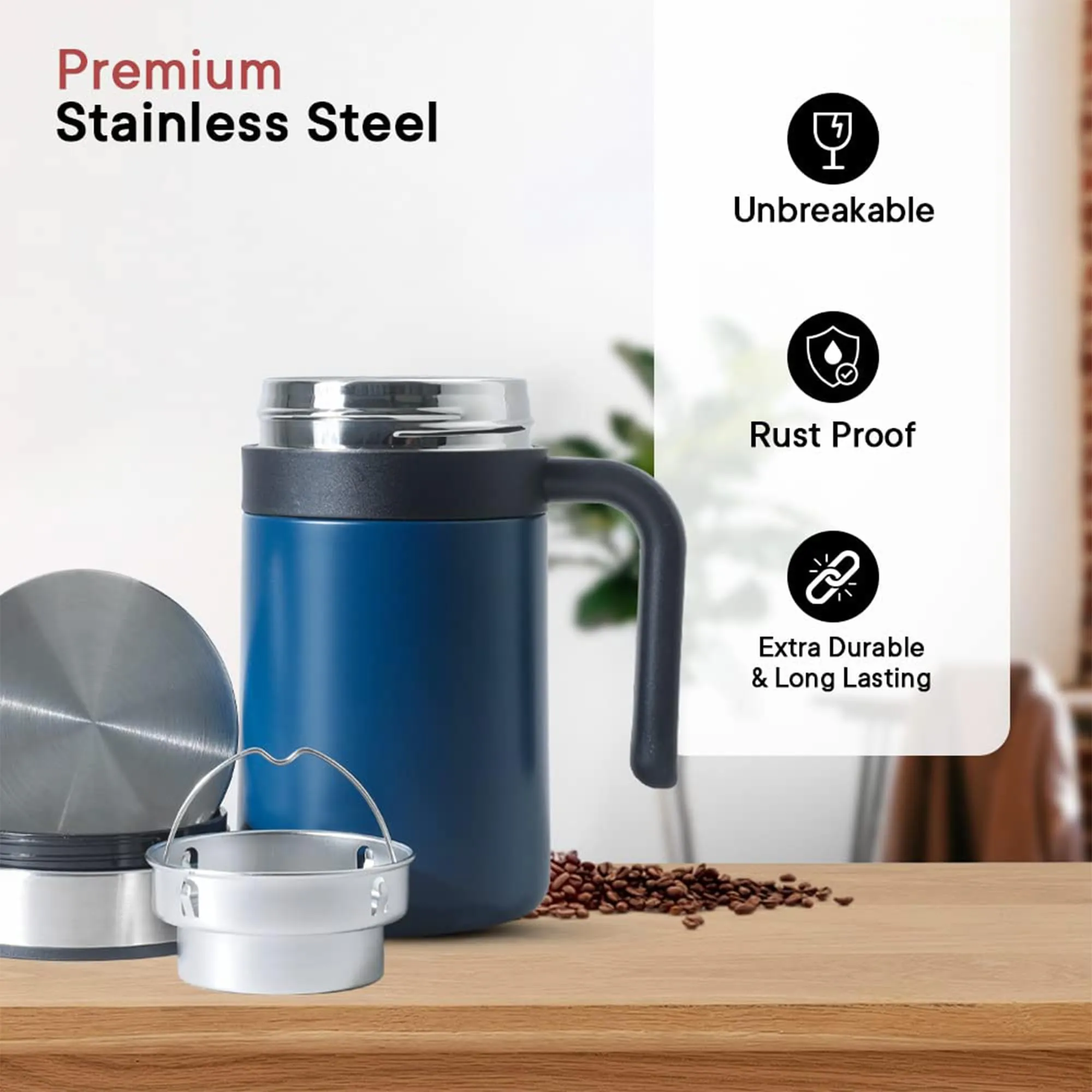 Homestic Vacuum Insulated Hot & Cold Beverages Tea/Coffee Tumbler Mug with Lid & Handle for Office, Gym & Travel | Stainless Steel Leak-Proof Thermos for Water | CO230203D-Dark Blue