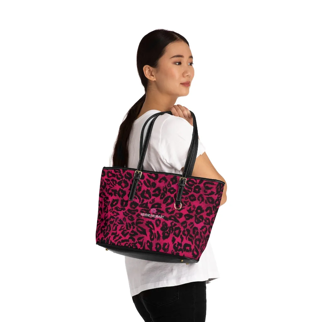 Hot Pink Leopard Tote Bag, Animal Print PU Leather Shoulder Hand Work Bag 17"x11"/ 16"x10"