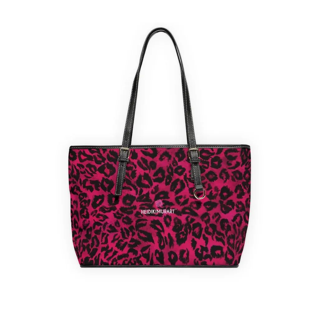 Hot Pink Leopard Tote Bag, Animal Print PU Leather Shoulder Hand Work Bag 17"x11"/ 16"x10"