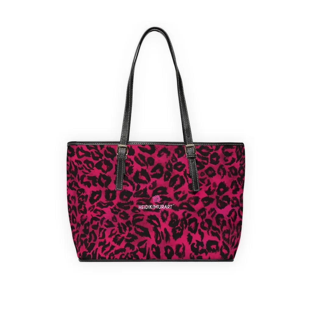 Hot Pink Leopard Tote Bag, Animal Print PU Leather Shoulder Hand Work Bag 17"x11"/ 16"x10"