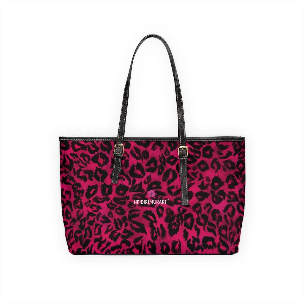 Hot Pink Leopard Tote Bag, Animal Print PU Leather Shoulder Hand Work Bag 17"x11"/ 16"x10"