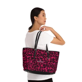 Hot Pink Leopard Tote Bag, Animal Print PU Leather Shoulder Hand Work Bag 17"x11"/ 16"x10"