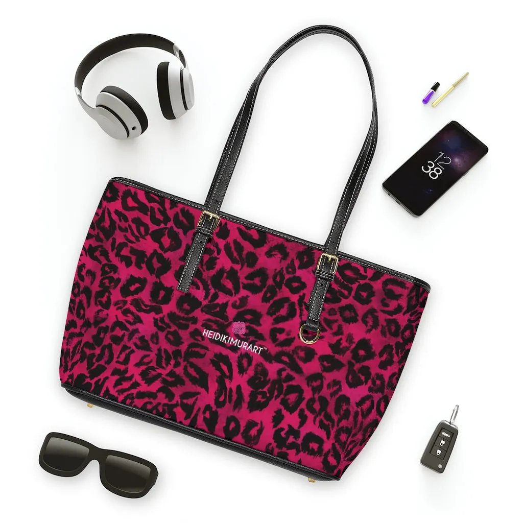 Hot Pink Leopard Tote Bag, Animal Print PU Leather Shoulder Hand Work Bag 17"x11"/ 16"x10"