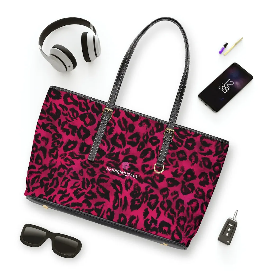 Hot Pink Leopard Tote Bag, Animal Print PU Leather Shoulder Hand Work Bag 17"x11"/ 16"x10"