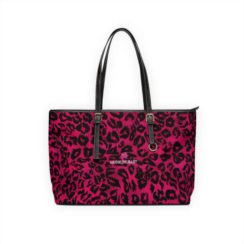 Hot Pink Leopard Tote Bag, Animal Print PU Leather Shoulder Hand Work Bag 17"x11"/ 16"x10"