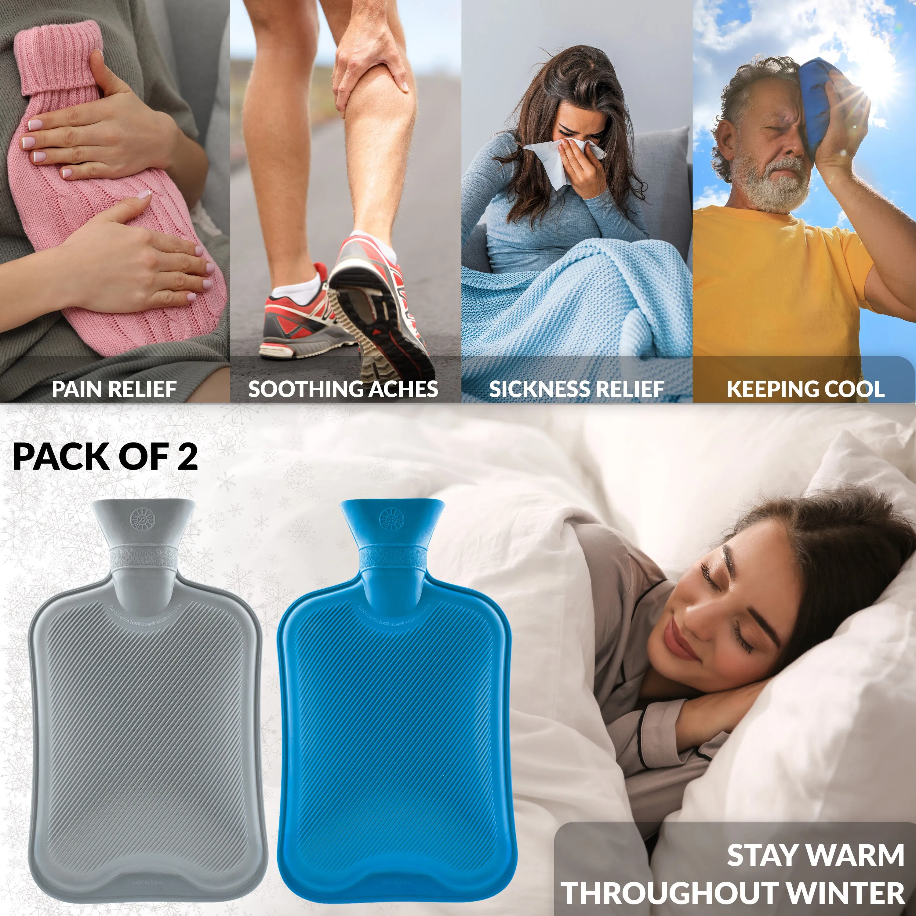 Hot Water Bottle Large 1.8L Rubber Hot Water Bag  - Grey/Blue, 2 Pack