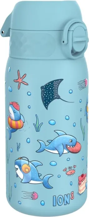 Ion8 Kids Water Bottle, Steel 400 ml/13 oz, Leak Proof, Easy to Open, Secure Lock, Dishwasher Safe, Flip Cover, Carry Handle, Easy Clean Sharks Design