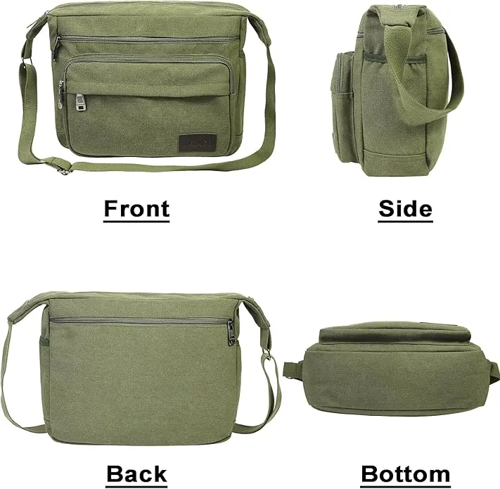 JAKAGO Canvas Messenger Bag 15 inch Mens/Women Shoulder Bag with Multiple Pockets for School Travel Outdoor Fishing Camping Work Daily Use