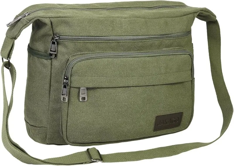 JAKAGO Canvas Messenger Bag 15 inch Mens/Women Shoulder Bag with Multiple Pockets for School Travel Outdoor Fishing Camping Work Daily Use