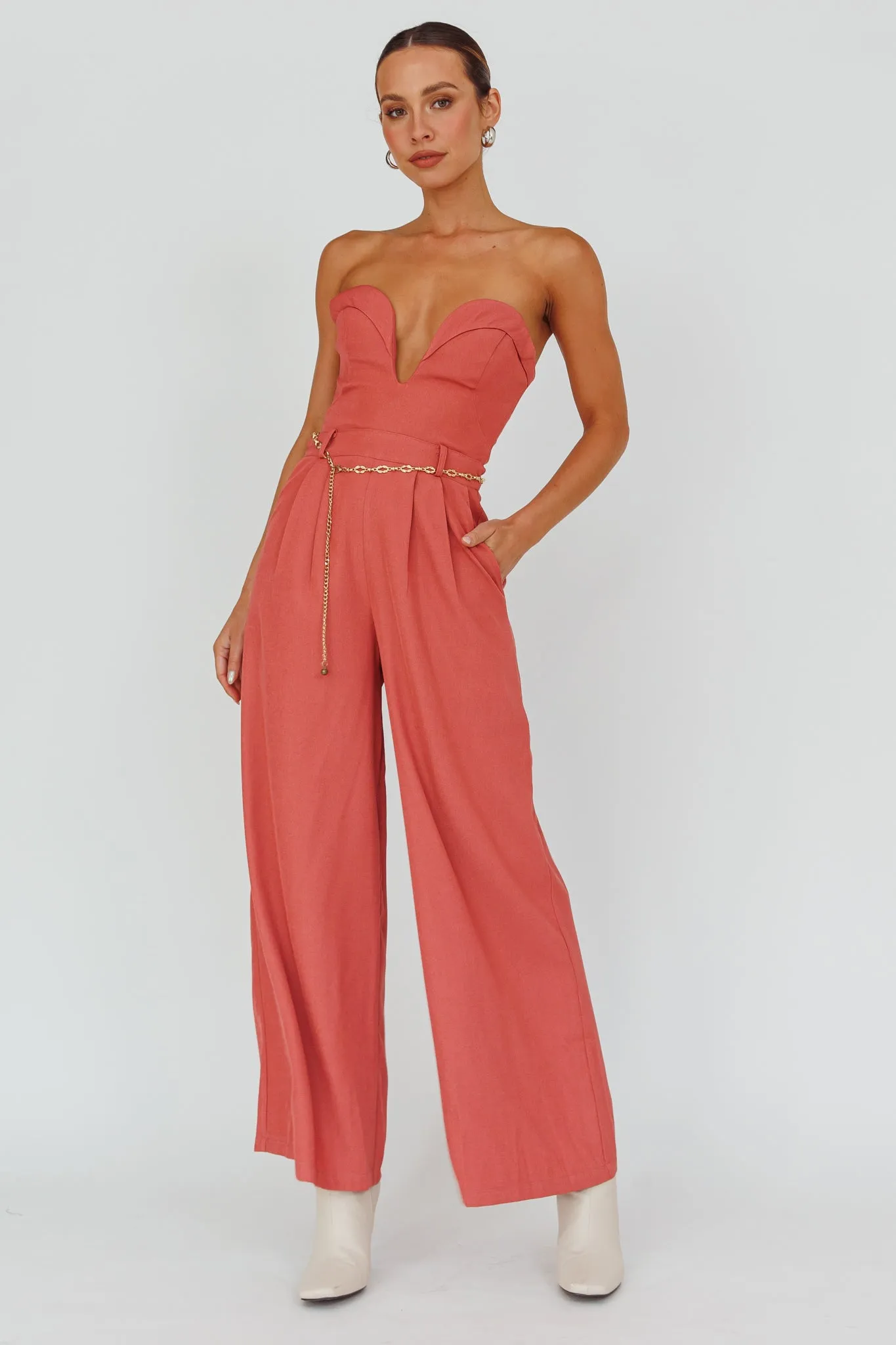 Kayte Strapless Belted Waist Jumpsuit Rose