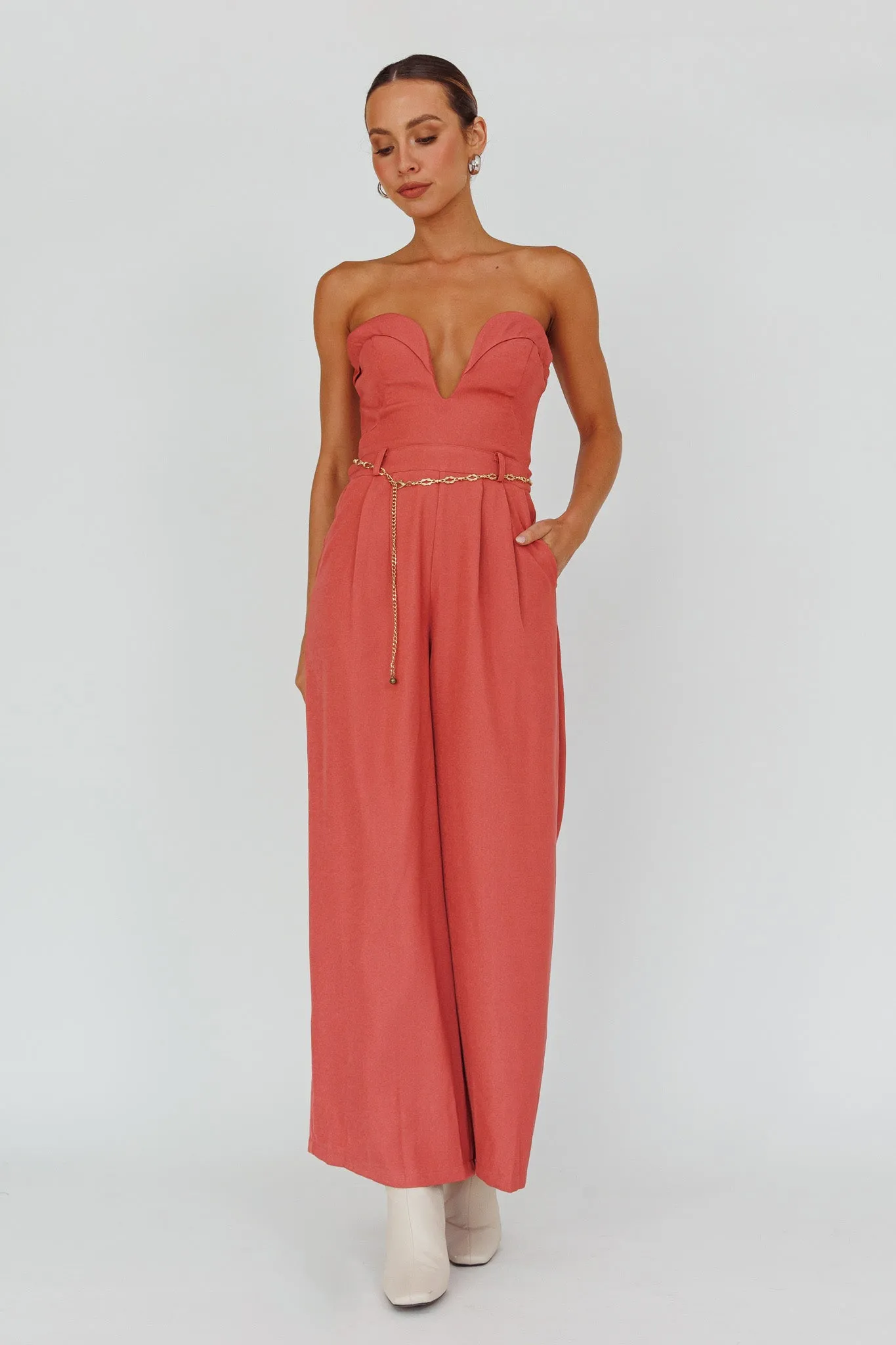 Kayte Strapless Belted Waist Jumpsuit Rose